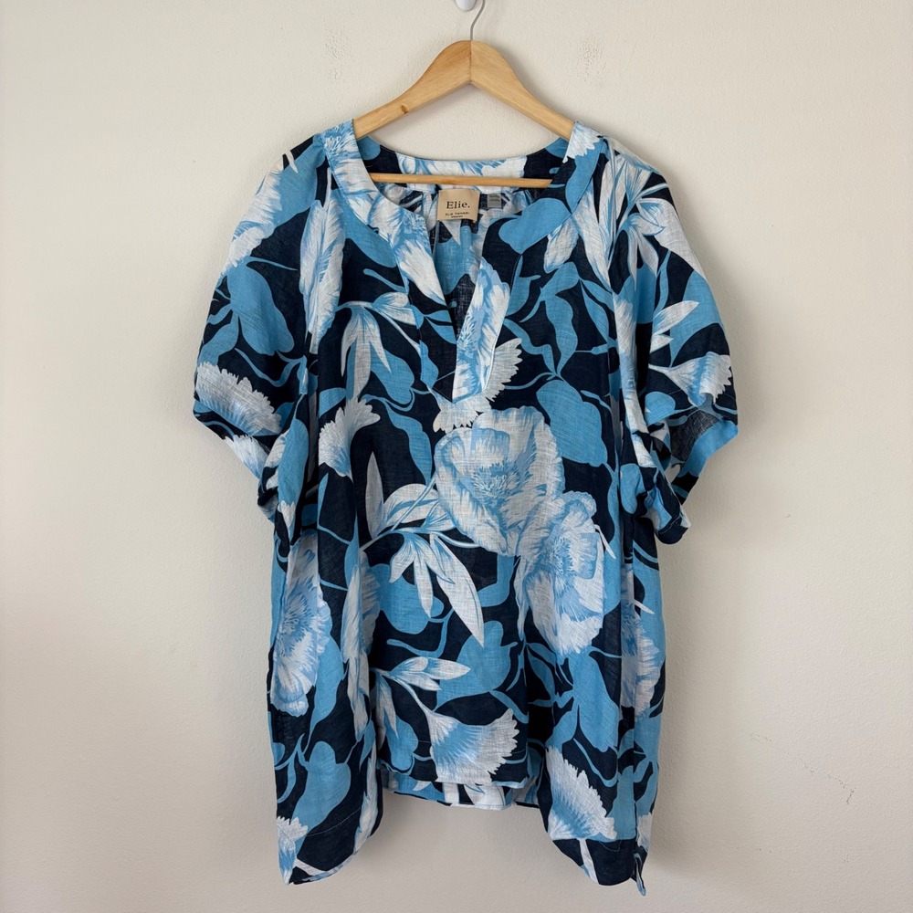 Elie Tahari Woman Blue Floral 100% Linen Split Neck Tunic Top Plus Size 2X